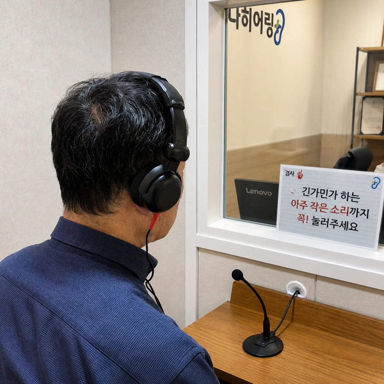 하나히어링 은평구산센터 검사실에서 헤드폰을 착용하고 청력검사를 받는 실제 모습